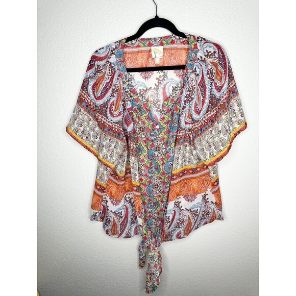 Fig and Flower Blouse Womens 2X Multicolor Paisley Kimono Tie Front Bohemian Top - Picture 1 of 6